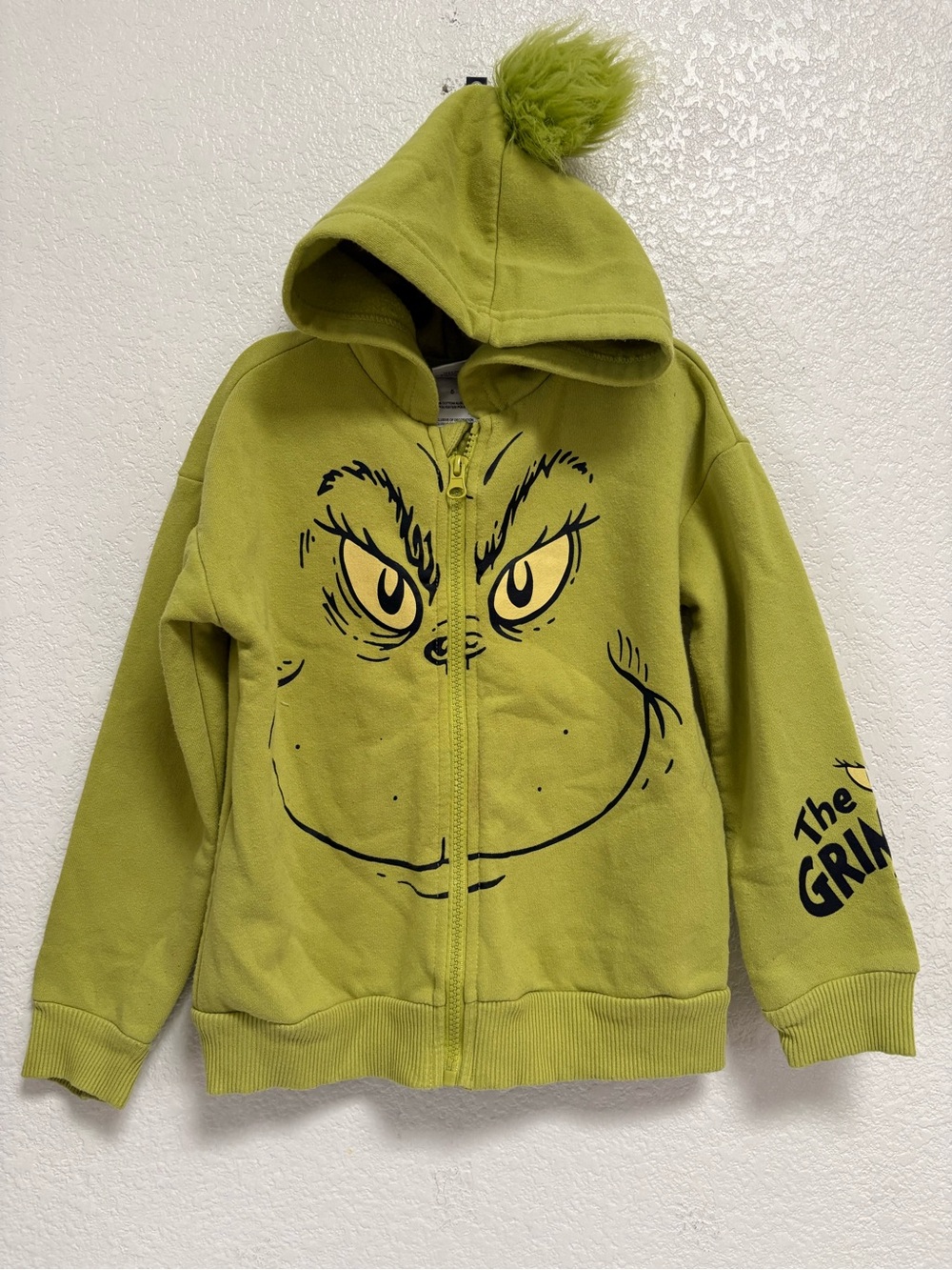 Kids Lime Green Grinch Zip-Up Hoodie with Pom Pom Hood